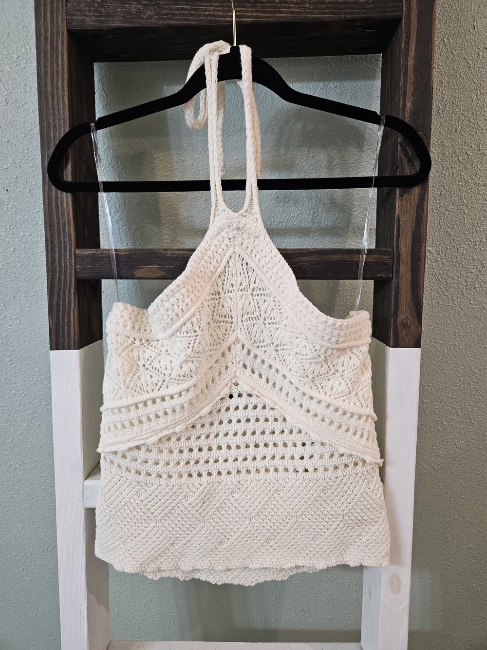 NWOT Fabrik' Crochet Halter Neck Backless Tank Top Ivory Boho size M/L